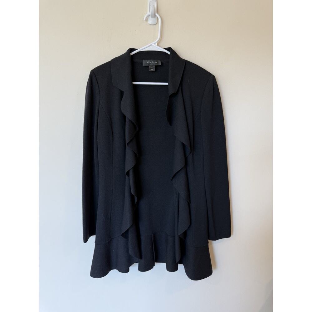 St. John Caviar Cascading Ruffle Open Front Black Knit Sweater Jacket Size 6